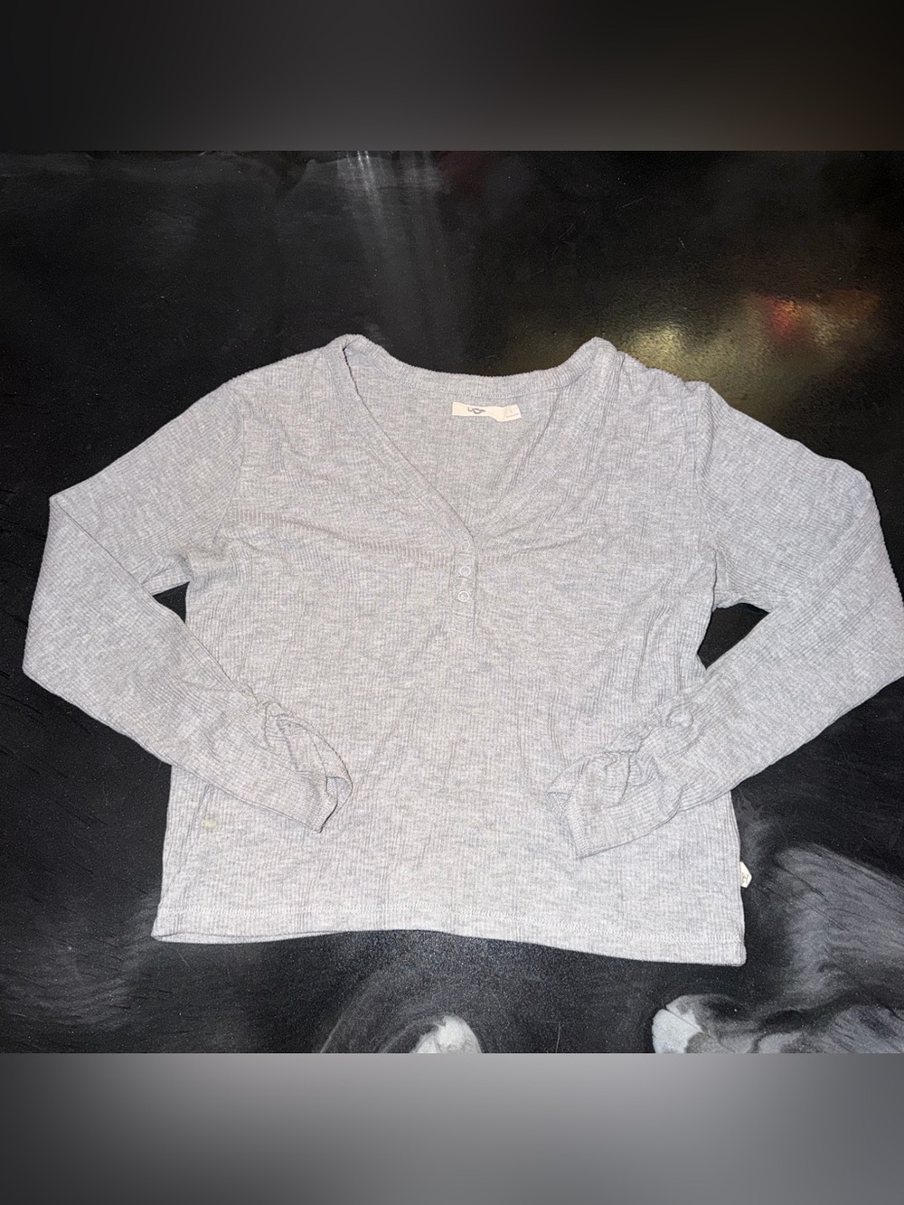 UGG Light Gray Ribbed V-Neck Henley Long Sleeve Top